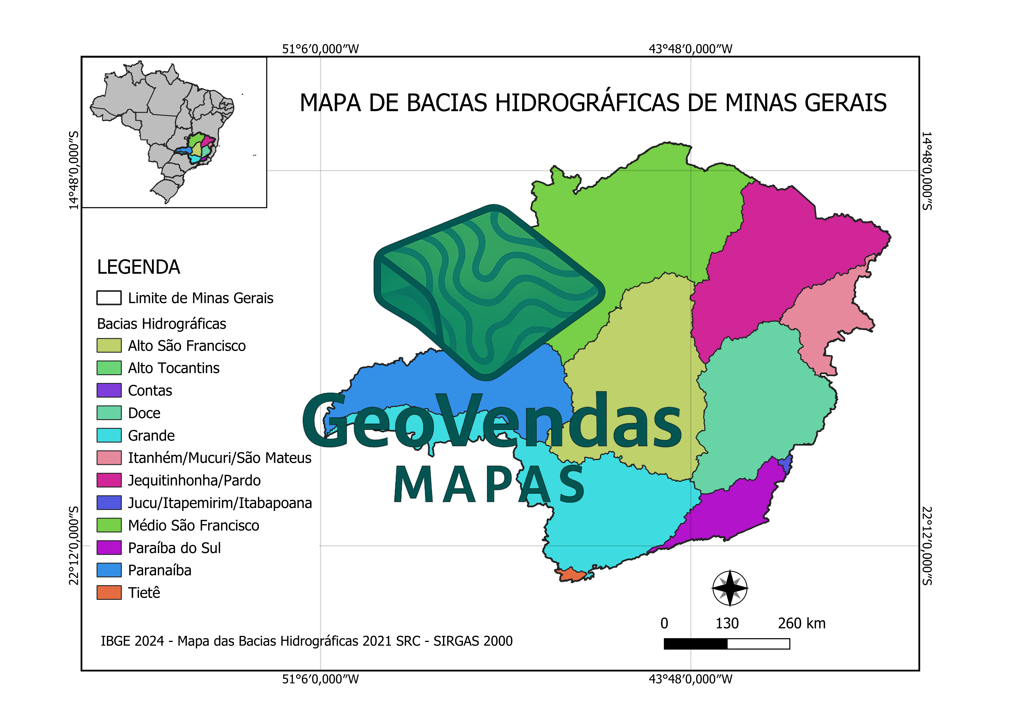 Mapa de Bacias hidrográficas de Minas Gerais